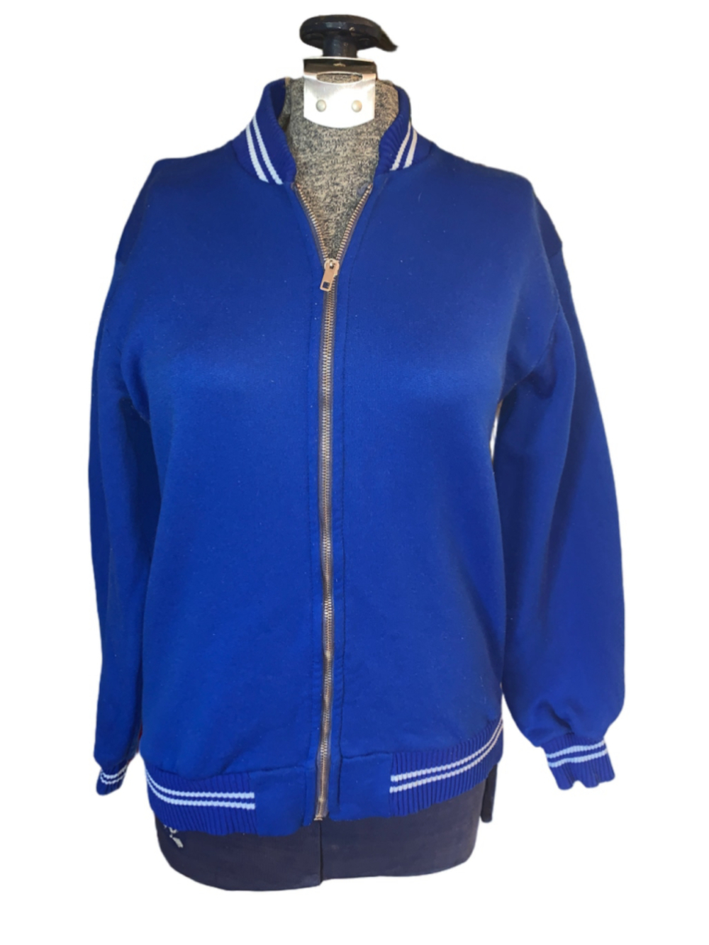 Women's Unbranded Blue Bomber Jacket with White Striped Trim, Size M